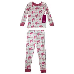 Barbie Girls Long Sleeve Pajama Set With Pink Logo & Silhouette White Sz 2T- NEW